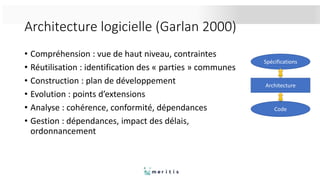 Architecture logicielle (Garlan 2000)
• Compréhension : vue de haut niveau, contraintes
• Réutilisation : identification des « parties » communes
• Construction : plan de développement
• Evolution : points d’extensions
• Analyse : cohérence, conformité, dépendances
• Gestion : dépendances, impact des délais,
ordonnancement
Architecture
Spécifications
Code
 