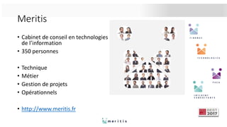 Meritis
• Cabinet de conseil en technologies
de l’information
• 350 personnes
• Technique
• Métier
• Gestion de projets
• Opérationnels
• http://www.meritis.fr
 