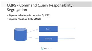 CQRS - Command Query Responsibility
Segregation
• Séparer la lecture de données QUERY
• Séparer l’écriture COMMAND
Query
Command
 