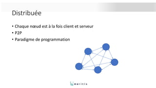 Distribuée
• Chaque nœud est à la fois client et serveur
• P2P
• Paradigme de programmation
 