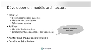 Développer un modèle architectural
• Esquisse
• Décomposer en sous-systèmes
• Identifier des composants
• Sélectionner un style
• Raffiner
• Identifier les interactions
• Emplacement des données et des traitements
• Ajuster pour chaque cas d’utilisation
• Détailler et faire évoluer
Choix d’un framework
existant ?
 