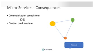 Micro-Services - Conséquences
• Communication asynchrone
• Gestion du downtime
Résilient
 