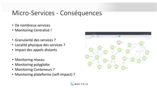 Micro-Services - Conséquences
• De nombreux services
• Monitoring Centralisé !
• Granularité des services ?
• Localité physique des services ?
• Impact des appels distants
• Monitoring réseau
• Monitoring polyglotte
• Monitoring Conteneurs ?
• Monitoring plateforme (self-impact) ?
 