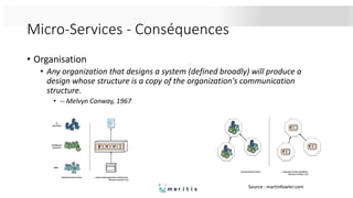 Micro-Services - Conséquences
• Organisation
• Any organization that designs a system (defined broadly) will produce a
design whose structure is a copy of the organization's communication
structure.
• -- Melvyn Conway, 1967
Source : martinfowler.com
 