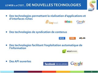 LE WEB 2.0 C’EST…  DE NOUVELLES TECHNOLOGIES Des technologies permettant la réalisation d’applications et d’interfaces riches Des technologies de syndication de contenus Des technologies facilitant l’exploitation automatique de l’information Des API ouvertes 