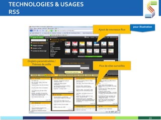 TECHNOLOGIES & USAGES RSS Flux de sites surveillés Onglets paramétrables / Thèmes de veille Ajout de nouveaux flux pour illustration 