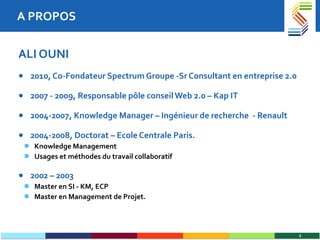 A PROPOS ALI OUNI 2010, Co-Fondateur Spectrum Groupe -Sr Consultant en entreprise 2.0  2007 - 2009, Responsable pôle conseil Web 2.0 – Kap IT 2004-2007, Knowledge Manager – Ingénieur de recherche  - Renault  2004-2008, Doctorat – Ecole Centrale Paris. Knowledge Management Usages et méthodes du travail collaboratif 2002 – 2003 Master en SI - KM, ECP Master en Management de Projet. 
