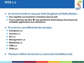WEB 2.0 Un terme inventé en 2004 par Dale Dougherty [O'Reilly Media]   : Pour signifier une évolution / transition dans le web D’une collection de sites    Une plateforme informatique fournissant de véritables applications aux utilisateurs  D’un terme, une déferlante de concepts  Entreprise 2.0 Intranet 2.0 RH 2.0 Management 2.0 Marketing 2.0 CRM 2.0 Veille 2.0 Plusieurs milliers de services 2.0 [annuaire Go2Web20.net]  