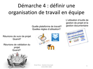 Démarche 4 : définir une
organisation de travail en équipe
Esiee Paris - Gestion de projet
Unité MSH 1002
9
Réunions de suivi de projet
Quand?
Réunions de validation du
projet
Quand?
Quelle plateforme de travail?
Quelles règles d’utilisation?
L’utilisation d’outils de
gestion de projet et la
gestion documentaire
 