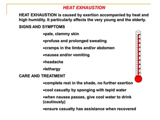 HEAT EXHAUSTION
HEAT EXHAUSTION is caused by exertion accompanied by heat and
high humidity. It particularly affects the very young and the elderly.
SIGNS AND SYMPTOMS
pale, clammy skin
profuse and prolonged sweating
cramps in the limbs and/or abdomen
nausea and/or vomiting
headache
lethargy
CARE AND TREATMENT
complete rest in the shade, no further exertion
cool casualty by sponging with tepid water
when nausea passes, give cool water to drink
(cautiously)
ensure casualty has assistance when recovered
 