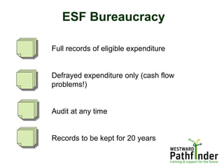 ESF Bureaucracy
Full records of eligible expenditure
Defrayed expenditure only (cash flow
problems!)
Audit at any time
Records to be kept for 20 years
 