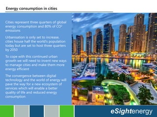 Energy consumption in cities
Cities represent three quarters of global
energy consumption and 80% of CO2
emissions
Urbanisation is only set to increase,
cities house half the world's population
today but are set to host three quarters
by 2050
To cope with this continued urban
growth we will need to invent new ways
to manage cities and make them more
energy efficient
The convergence between digital
technology and the world of energy will
pave the way for a new ecosystem of
services which will enable a better
quality of life and reduced energy
consumption
 