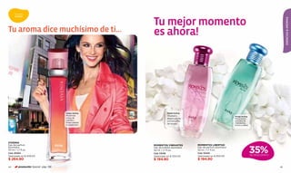 aromas



                                                       Tu mejor momento
      ACTIVOS




                                                                                                                                                      ESENCIAS & AROMAS
Tu aroma dice muchísimo de ti...                       es ahora!




                                       Dulce Activa                 Frutal Activa
                                       Modernas                     Vitalidad y                                 Frutal Activa
                                       notas de                     alegría gracias                             Placenteros
                                       vainilla y                   a la fresca ﬂor                             acordes de
                                       ﬂores realzan                                                            mandarina,
                                                                    de naranjo.
                                       tu esplendor.                                                            limón y cassis.




VIVENSA
Eau de parfum                                          MOMENTOS VIBRANTES             MOMENTOS LIBERTAD


                                                                                                                                  35%
atomiseur                                              Eau de toilette atomiseur      Eau de perfum atomiseur
50 ml / 1,7 fl.oz.                                     50 ml / 1,7 fl.oz.             50 ml / 1,7 fl.oz.
Cód. 25304                                             Cód. 03416                     Cód. 10445
Valorizado en $ 409.00                                                                Valorizado en $ 300.00                      DE DESCUENTO
                                                       Valorizado en $ 300.00
$ 264.90                                               $ 194.90                       $ 194.90

44        promoción Special pág. 136                                                                                                             45
 