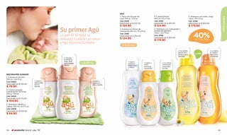 AGÚ
                                                                                            1. Talco con féculas de                   3. Colonia fresca                        5. Shampoo con miel y trigo




                                                                                                                                                                                                                         NIÑOS & BEBÉS
                                                                                            maíz 500 g / 17,6 oz.                     450 ml / 15,2 fl.oz.                     1 litro / 33,7 fl.oz.
                                                                                            Cód. 25195                                Cód. 25183                               Cód. 25188
                                                                                            Valorizado en $ 225.00                    Valorizado en $ 205.00                   Valorizado en $ 300.00
                                                                                            $ 134.90                                  $ 124.90                                 $ 179.90
                                            Su primer Agú                                   2. Colonia con flores de
                                                                                            manzanilla 450 ml / 15,2 fl.oz.
                                                                                                                                      4. Shampoo con manzanilla y
                                                                                                                                      aceites de algodón


                                                                                                                                                                                    40%
                                                                                            Cód. 25185                                1 litro / 33,7 fl.oz.
                                            La piel de tu bebé es                           Valorizado en $ 205.00                    Cód. 25186
                                                                                            $ 124.90                                  Valorizado en $ 300.00
                                            delicada. Cuídala con amor                                                                $ 179.90                                       DE DESCUENTO
                                            y Agú Máximo Cuidado.
                                                                                              de 0 a 6 meses


                                                                                                                                                               4. Su cabello                            5. Le dará a
                                                                                                                                                               será el más                              su cabello
                                                                                                                                                               fuerte y sano         1 LITRO            claro brillo
                                                                                                                                                               de todos.                                y suavidad.
                                              2. Suaviza
                                              la piel de tu
                                              bebé. Ideal                                            1. Deja la
                                              para masajes    de 0 a 6 meses                                            2. Suave y              3. Un aroma
                                                                                                     piel de tu
                                              diarios.                                                                  tierno                  refrescante
                                                                                                     bebé suave
                                                                                                                        aroma de                para todos
                                                                                                     y fresca.
                                                                                                                        manzanilla.             los días.


AGÚ MÁXIMO CUIDADO
1. Colonia sin alcohol
250 ml / 8,4 fl.oz.
                              1. Suave y                                  3. Nutre y
Cód. 04650
                              refrescante                                 suaviza su
Valorizado en $ 130.00        aroma                                       piel y cabello.
$ 79.90                       natural.

2. Crema corporal
humectación 24 horas
250 g / 8,8 oz.
Cód. 04630
Valorizado en $ 175.00
$ 104.90
3. Shampoo cabello y
cuerpo 250 ml / 8.4 fl. oz.
Cód. 04659
Valorizado en $ 109.00
$ 64.90




134      promoción Special pág. 136                                                                                                                                                                                135
 