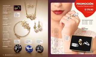 COLECCIÓN XIANE
                                                                                                                                                                             PROMOCIÓN
1. Collar y aretes
                                                                                                                                                                             Estuche Precius a sólo
Largo regulable del collar:
42 a 49 cm.

                                                                                                                                                                                           $ 179.90
                                                                  1
Medidas del dije:
4 x 2,5 cm.
Cód. 38434
Valorizado en $ 315.00                                                                                                                                                                 Por la compra de un producto de
                                                                                                                                                                                                   las páginas 138 a 147
$ 219.90                       En baño
                               dorado con
2. Pulsera                     diseño de ﬂores
                               y ﬁnas perlas
Largo regulable: 19 a 21 cm.
                               color crema.
Cód. 38437
Valorizado en $ 230.00
$ 149.90
                                                                                                                                                                                   Tallas En precio normal En promoción
3. Aretes largos                                                                                                                                                                   Talla 6 Cód. 38420      Cód. 95112
Largo: 4 cm.
                                                                                                                                                                                   Talla 7 Cód. 38421     Cód. 95113
Cód. 38436
                                             2                                                                                                                                     Talla 8 Cód. 38422     Cód. 95114
Valorizado en $ 190.00
                                                                                                                                                                                   Talla 9 Cód. 38423     Cód. 95115
$ 134.90                                                                  3

4. Anillo Black Glam
Talla 6, Cód. 39036
Talla 7, Cód. 39037
                                                                                                                                                                                   NUEVO
                                                                                                                                                                                   Estuche Precius
Talla 8, Cód. 39038                                                                                                                                                                Incluye 3 anillos.
Talla 9, Cód. 39039
                                                                                                                     11                                                            Ver probador.




                                                                                               PARA ÉL
Valorizado en $ 220.00
$ 144.90                                                                                                                                                                           $ 450.00

5. Anillo Styling                                                                                                    10
Talla 6, Cód. 31503
Talla 7, Cód. 31577
Talla 8, Cód. 31659                                                                                                                            En baño de
Talla 9, Cód. 33653                                                                                                  9                         oro y baño
Valorizado en $ 200.00                                                                                                                         de plata
                                                                                                                                               con perlas y
$ 149.90                                                                                                                                       cristales.
                               4. Anillo de       5. Anillo de color     6. Anillo de color                           8




                                                                                               PARA ELLA
6. Anillo Vanguardy            color negro con    azul con piedra        negro con cristales
Talla 6, Cód. 34340            ﬁnos cristales     facetada y cristales   en color gris
Talla 7, Cód. 34627            en forma de ﬂor.   alrededor.             translúcido.
                                                                                                                      7
Talla 8, Cód. 34659
Talla 9, Cód. 35092
Valorizado en $ 200.00
                                                                                                                     6
$ 149.90
Ver probador en la pág. 139.
                                                                                                           PROBADOR DE
                                                                                                           ANILLOS Coloca uno
                                                                                                           de tus anillos hasta
                                                                                                           que veas el círculo
                                                                                                                                                                                               NUESTRA BIJOUTERIE ES
                                                                                                           completo dentro de él.
                                                                                                           Esa es tu talla.         - Promoción válida hasta agotar stock.                     LIBRE DE PLOMO


138       promoción Estuche Precius pág. 139                                                                                                                                                                        139
 
