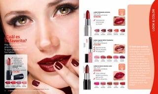 LOOK & COLOR
                                                                                                                                                                                          FACTOR DE
                                                                                                                                                                                         PROTECCIÓN
                                                                                                                                                                                            SOLAR
                                                                                                                                     Labial hidratante extremo
                                                                                                                                     4 g / ,14 oz.
                                                                                                                                                                                            FPS
                                                                                                                                                                                            16




                                                                                                          ROJO DESEO
                                                                                                                         Cód.04704
                                                                                                                                     Valorizado en $ 115.00
                                                                                                                                     $ 69.90
                                                                                                                                         Hidratación
                                                                                                                                         intensa por
                                                                                                                                         24 horas
                                                                                                                                                                              FUCSIA GLAM, Cód.04700




                                                                                                                                         ROSA     BORGOÑA      MARRÓN         NARANJA        ROJO
                                                                                                                                       ENCANTO      SEXY       GLAMOUR       PRIMAVERA    INTRIGANTE
                                                                                                                                      Cód.04709   Cód.04707   Cód.04706      Cód.01749     Cód.04702



¿Cuál es
tu favorito?                                                                                                                         Labial Líquido Brillo Fantástico
                                                                                                                                     6 ml / .20 fl. oz.
                                                                                                                                     Valorizado en $ 89.00




                                                                                                          ROSA SHINE
                                                                                                                         Cód.01987
Hay un acabado                                                                                                                       $ 54.90
preciso para expresar                                                                                                                   Máximo brillo                                                   El look que quieres
lo que quieres con                                                                                                                      Efecto mojado                                                   ¿Sabías que maquillaje
                                                                                                                                        No pegajoso                                                     es la mejor manera de
tus labios.                                                                                                                                                                   ROSA DEEP, Cód.01263
                                                                                                                                                                                                        lucir tu belleza natural?
                                                                                                                                                                                                        ¡Créelo! Un buen
                               Color que se                                                                                             ROSA       CHERRY         ROJO        CHERRY       MORADO       maquillaje destaca y
                               adhiere por
             Cód.04467




                                                                                                                                       ESTELAR      MAGIC     IRRESISTIBLE     SHINE       EMOTION
 ROJO SEXY




                               más tiempo
                                                                                                                                      Cód.01758   Cód.01951   Cód.00754      Cód.10021     Cód.01871
                                                                                                                                                                                                        acentúa lo mejor de ti,
                               Textura suave                                                                                                                                              FACTOR DE
                                                                                                                                                                                                        el truco es aprender a
                            Labial de larga                                                                                          Labial en barra máximo color
                                                                                                                                                                                         PROTECCIÓN
                                                                                                                                                                                            SOLAR       variar la intensidad de




                                                                                                    MOCCA MISTERIO
                            duración                                                                                                 4 g / ,14 oz.                                          FPS
                                                                                                                                                                                                        acuerdo al día, ocasión




                                                                                                                     Cód.10917
                            4 g / ,14 oz.
                            Valorizado en $ 89.00
                                                                                                                                     Valorizado en $ 89.00                                  18
                                                                                                                                     $ 64.90                                                            o cómo te sientes, pero
                            $ 54.90
                                                                                                                                        Color intenso                                                   recuerda que hasta el
                                                                                                                                        desde la primera                                                look más simple y
                                                                                                                                        aplicación                                                      natural tiene sus trucos...
                                                                                                                                        Tonos vibrantes                       ROJO AMOR, Cód.10326
                                                                                                                                                                                                        ¿Qué esperas para
                                                                                                                                                                                                        empezar a lucir más
              ROJO
             FIESTA
                            ROJO
                           PASIÓN
                                       FRESA
                                       SWEET
                                                    ROSA
                                                  FIORELLE                                                                             FUCSIA       ROSA        MARRÓN         CORAL          ROJO      linda?
   Cód.01363              Cód.01373   Cód.01390   Cód.01375                                                                            FANCY       DIVINA       CÁLIDO         SHINE         CHERRY
                                                                                                                                      Cód.10451   Cód.10452    Cód.11672     Cód.10454      Cód.10321

                                                              Labial de larga duración rojo sexy.
14                       promoción Octeto de Sombras Edición Limitada pág. 38
 