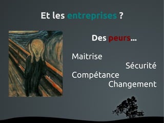 Et les entreprises ?

                   Des peurs...

              Maitrise
                            Sécurité
              Compétance
                     Changement



           
 