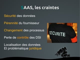 SAAS, les craintes
Sécurité des données

Pérennité du fournisseur

Changement des processus

Perte de contrôle des DSI

Localisation des données
Et problèmatique juridique


                    
 