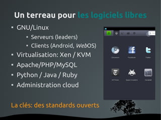 Un terreau pour les logiciels libres

    GNU/Linux
       
               Serveurs (leaders)
       
               Clients (Android, WebOS)

    Virtualisation: Xen / KVM

    Apache/PHP/MySQL

    Python / Java / Ruby

    Administration cloud


La clés: des standards ouverts
                            
 