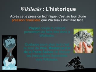 Wikileaks : L'historique
Après cette pression technique, c'est au tour d'une
 pression financière que Wikileaks doit faire face.

            Paypal coupe le compte
         permettant de faire des dons à
                  Wikileaks.

          Quelques jours plus tard c'est
         au tour de Visa, Mastercard et
         de la Poste Suisse de bloquer
           les transactions financières
                  vers Wikileaks.


                    
 
