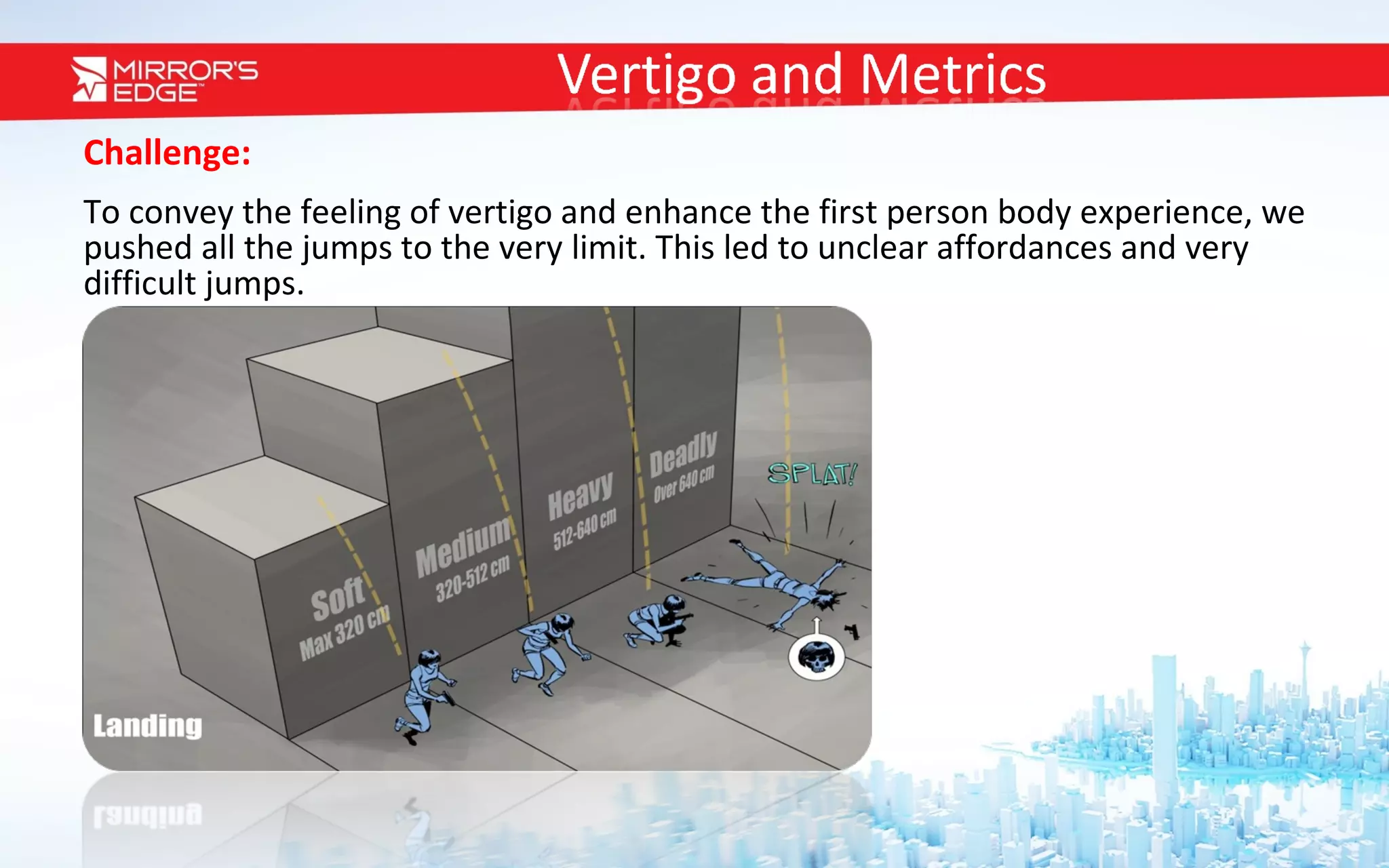 Challenge: To convey the feeling of vertigo and enhance the first person body experience, we pushed all the jumps to the very limit. This led to unclear affordances and very difficult jumps.    