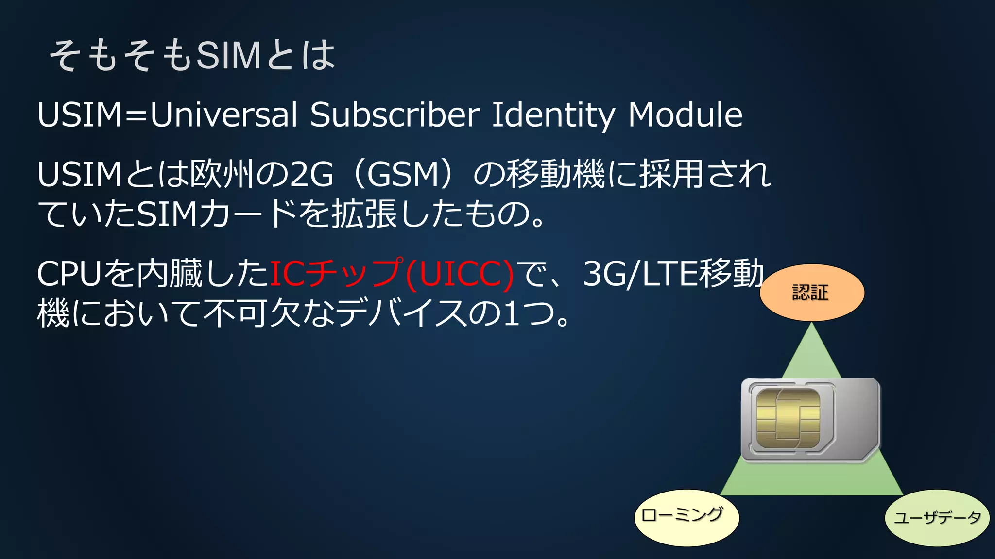 そもそもSIMとは
認証
ローミング ユーザデータ
USIM=Universal Subscriber Identity Module
USIMとは欧州の2G（GSM）の移動機に採用され
ていたSIMカードを拡張したもの。
CPUを内臓したICチップ(UICC)で、3G/LTE移動
機において不可欠なデバイスの1つ。
 