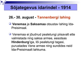 Sõjategevus idarindel - 1914

26.- 30. august - Tannenbergi lahing
   Venemaa ja Saksamaa otsustav lahing Ida-
    Preisimaal.
    Venemaa ei jõudnud pealetungi piisavalt ette
    valmistada ning saksa armee, eesotsas
    Hindenburg’iga, lõi pealetungi tagasi,
    purustades Vene armee ning sundides neid
    Ida-Preisimaalt lahkuma.
 