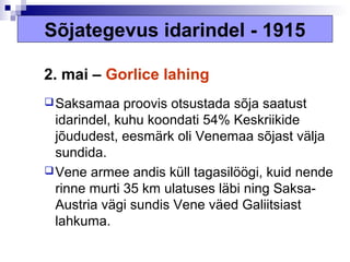 Sõjategevus idarindel - 1915

2. mai – Gorlice lahing
 Saksamaa    proovis otsustada sõja saatust
  idarindel, kuhu koondati 54% Keskriikide
  jõududest, eesmärk oli Venemaa sõjast välja
  sundida.
 Vene armee andis küll tagasilöögi, kuid nende
  rinne murti 35 km ulatuses läbi ning Saksa-
  Austria vägi sundis Vene väed Galiitsiast
  lahkuma.
 
