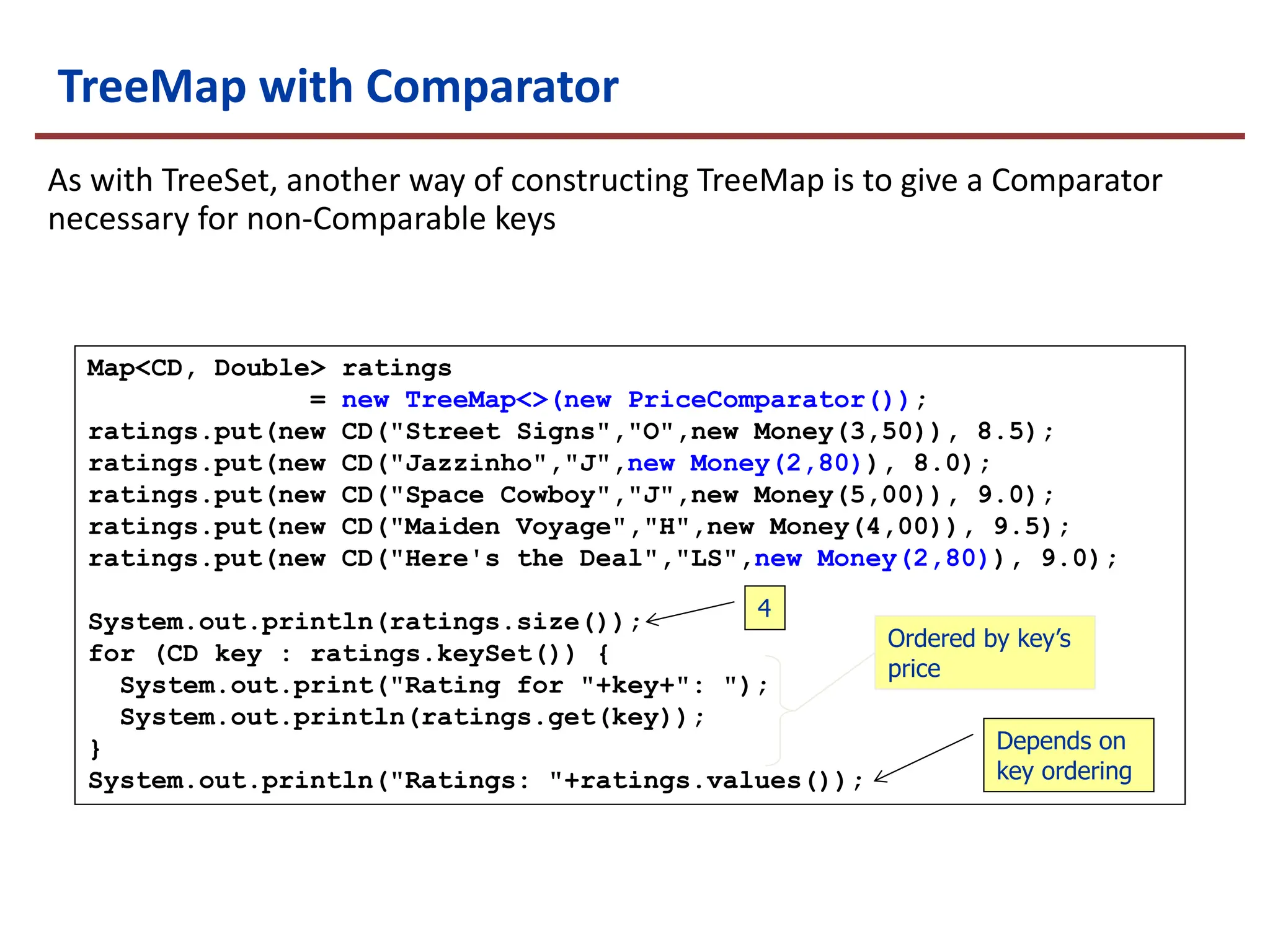 TreeMap with Comparator
As with TreeSet, another way of constructing TreeMap is to give a Comparator
necessary for non-Comparable keys
Map<CD, Double> ratings
= new TreeMap<>(new PriceComparator());
ratings.put(new CD("Street Signs","O",new Money(3,50)), 8.5);
ratings.put(new CD("Jazzinho","J",new Money(2,80)), 8.0);
ratings.put(new CD("Space Cowboy","J",new Money(5,00)), 9.0);
ratings.put(new CD("Maiden Voyage","H",new Money(4,00)), 9.5);
ratings.put(new CD("Here's the Deal","LS",new Money(2,80)), 9.0);
System.out.println(ratings.size());
for (CD key : ratings.keySet()) {
System.out.print("Rating for "+key+": ");
System.out.println(ratings.get(key));
}
System.out.println("Ratings: "+ratings.values());
4
Depends on
key ordering
Ordered by key’s
price
 