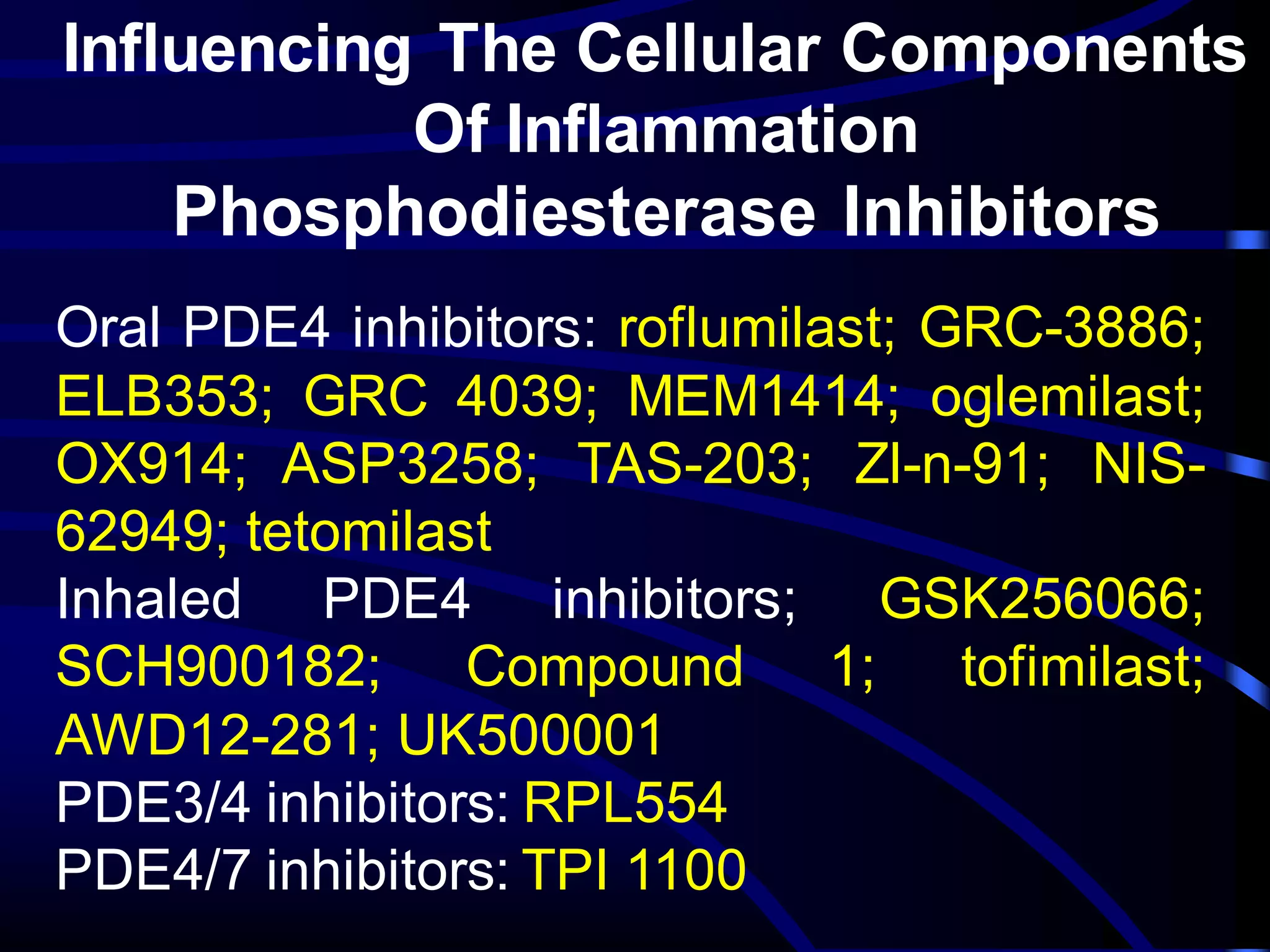 Influencing The Cellular Components
Of Inflammation
Phosphodiesterase Inhibitors
Oral PDE4 inhibitors: roflumilast; GRC-3886;
ELB353; GRC 4039; MEM1414; oglemilast;
OX914; ASP3258; TAS-203; Zl-n-91; NIS-
62949; tetomilast
Inhaled PDE4 inhibitors; GSK256066;
SCH900182; Compound 1; tofimilast;
AWD12-281; UK500001
PDE3/4 inhibitors: RPL554
PDE4/7 inhibitors: TPI 1100
 