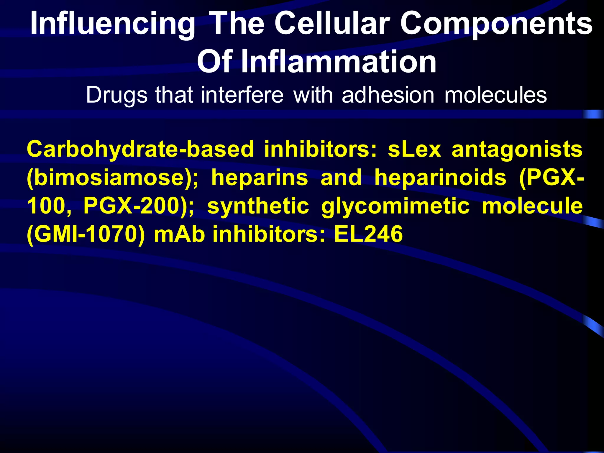 Influencing The Cellular Components
Of Inflammation
Drugs that interfere with adhesion molecules
Carbohydrate-based inhibitors: sLex antagonists
(bimosiamose); heparins and heparinoids (PGX-
100, PGX-200); synthetic glycomimetic molecule
(GMI-1070) mAb inhibitors: EL246
 