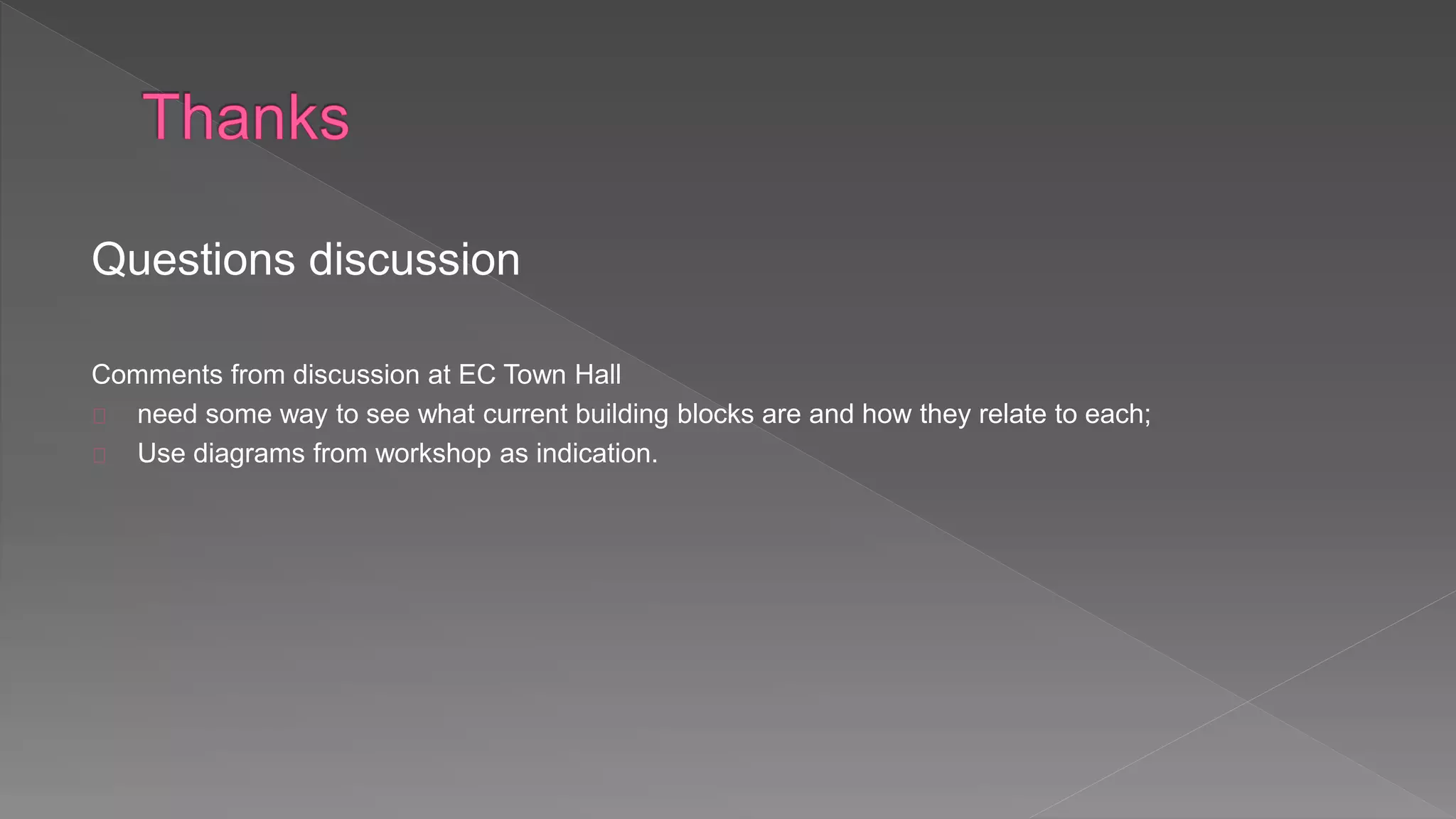 Questions discussion
Comments from discussion at EC Town Hall
need some way to see what current building blocks are and how they relate to each;
Use diagrams from workshop as indication.
 