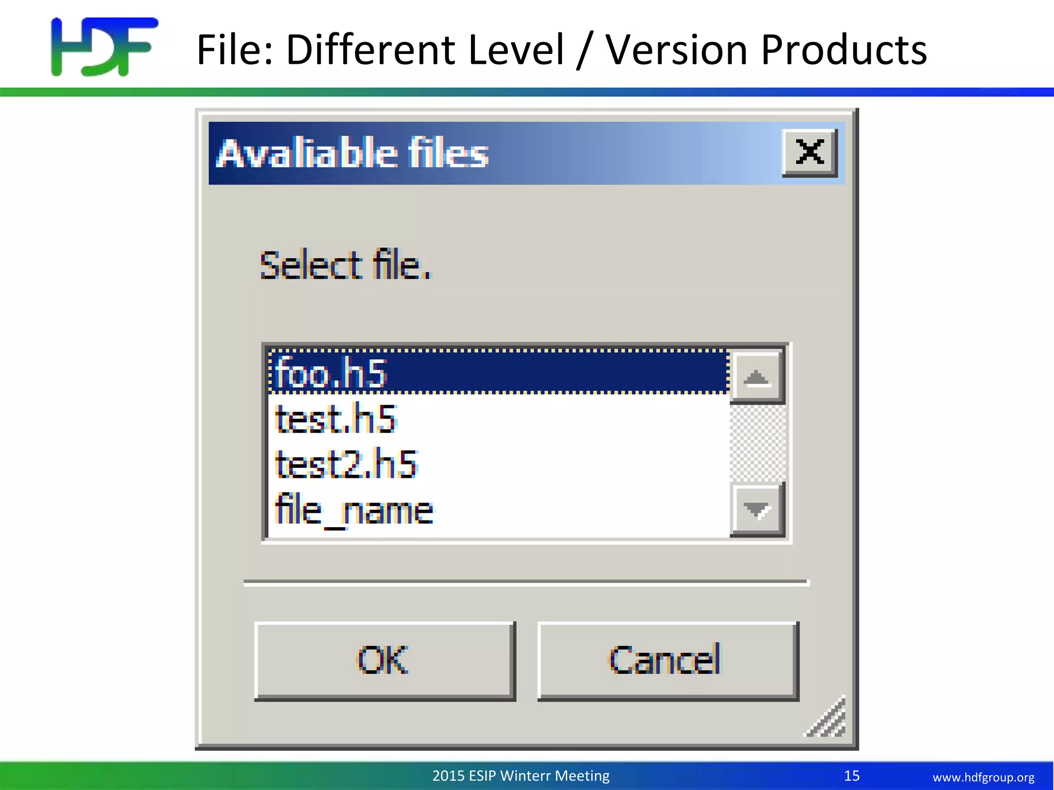 www.hdfgroup.org2015 ESIP Winterr Meeting
File: Different Level / Version Products
15
 