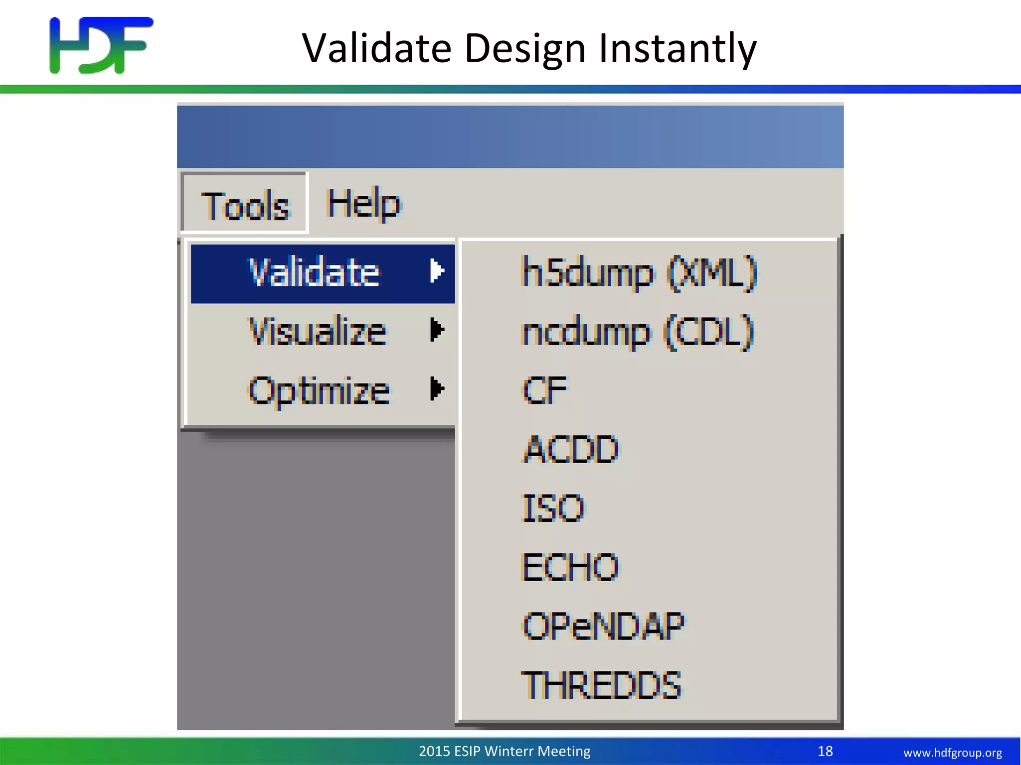www.hdfgroup.org2015 ESIP Winterr Meeting
Validate Design Instantly
18
 