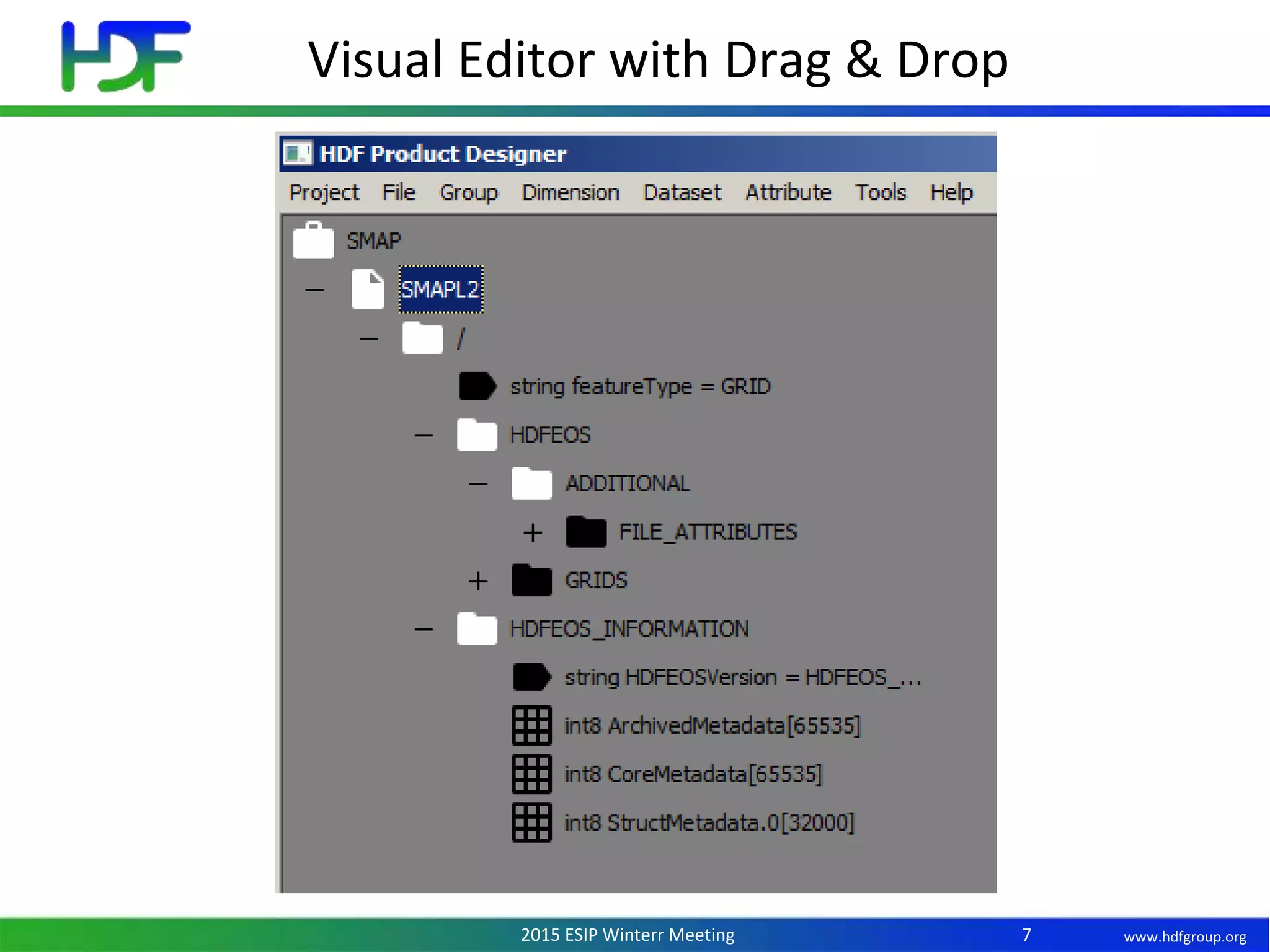 www.hdfgroup.org2015 ESIP Winterr Meeting
Visual Editor with Drag & Drop
7
 