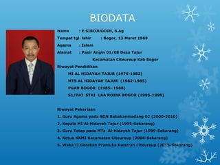 BIODATA
Nama : E.SIROJUDDIN, S.Ag
Tempat tgl. lahir : Bogor, 13 Maret 1969
Agama : Islam
Alamat : Pasir Angin 01/08 Desa Tajur
Kecamatan Citeureup Kab Bogor
Riwayat Pendidikan
MI AL HIDAYAH TAJUR (1976-1982)
MTS AL HIDAYAH TAJUR (1982-1985)
PGAN BOGOR (1985- 1988)
S1/PAI STAI LAA ROIBA BOGOR (1995-1998)
Riwayat Pekerjaan
1. Guru Agama pada SDN Babakanmadang 02 (2000-2010)
2. Kepala MI Al-Hidayah Tajur (1995-Sekarang)
3. Guru Tetap pada MTs Al-Hidayah Tajur (1999-Sekarang)
4. Ketua KKMI Kecamatan Citeureup (2006-Sekarang)
5. Waka II Gerakan Pramuka Kwarran Citeureup (2015-Sekarang)
 