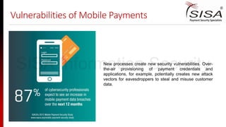 Vulnerabilities of Mobile Payments
New processes create new security vulnerabilities. Over-
the-air provisioning of payment credentials and
applications, for example, potentially creates new attack
vectors for eavesdroppers to steal and misuse customer
data.
SISA Information Security
 