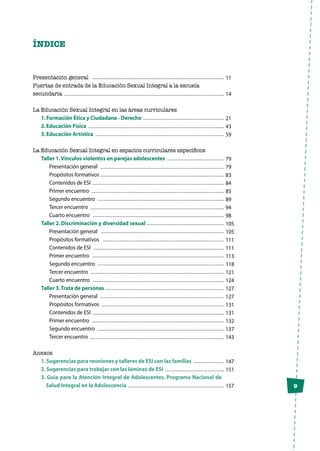 9
ÍNDICE
Presentación general
Puertas de entrada de la Educación Sexual Integral a la escuela
secundaria
La Educación Sexual Integral en las áreas curriculares
1.Formación Ética y Ciudadana - Derecho
2.Educación Física
3.Educación Artística
La Educación Sexual Integral en espacios curriculares específicos
Taller 1.Vínculos violentos en parejas adolescentes
Presentación general
Propósitos formativos
Contenidos de ESI
Primer encuentro
Segundo encuentro
Tercer encuentro
Cuarto encuentro
Taller 2.Discriminación y diversidad sexual
Presentación general
Propósitos formativos
Contenidos de ESI
Primer encuentro
Segundo encuentro
Tercer encuentro
Cuarto encuentro
Taller 3.Trata de personas
Presentación general
Propósitos formativos
Contenidos de ESI
Primer encuentro
Segundo encuentro
Tercer encuentro
Anexos
1.Sugerencias para reuniones y talleres de ESI con las familias
2.Sugerencias para trabajar con las láminas de ESI
3. Guía para la Atención Integral de Adolescentes. Programa Nacional de
Salud Integral en la Adolescencia
11
14
21
43
59
79
79
83
84
85
89
94
98
105
105
111
111
113
118
121
124
127
127
131
131
132
137
143
147
151
157
 