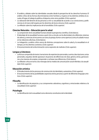 112
•	 El análisis y debate sobre las identidades sexuales desde la perspectiva de los derechos humanos. El
análisis crítico de las formas discriminatorias entre hombres y mujeres en los distintos ámbitos: la es-
cuela,el hogar,el trabajo,la política,el deporte,entre otros posibles.(Ciclo superior)
•	 La valoración del derecho de las personas a vivir su sexualidad de acuerdo a sus convicciones y prefe-
rencias en el marco del respeto por los derechos de los/as otros/as.(Ciclo superior)
•	 La reflexión sobre las implicancias de la homofobia.(Ciclo superior)
Ciencias Naturales – Educación para la salud
•	 La comprensión de la sexualidad humana desde la perspectiva científica.(Ciclo básico).
•	 El abordaje de la sexualidad humana a partir de su vínculo con la afectividad y los diferentes sistemas
de valores y creencias:el encuentro con otros,la pareja,el amor como apertura a otro,el cuidado mutuo
en las relaciones afectivas.(Ciclo básico).
•	 La indagación y análisis crítico acerca de distintas concepciones sobre la salud y la sexualidad en el
tiempo y en los distintos contextos.(Ciclo superior)
•	 El reconocimiento de la discriminación como expresión de maltrato.(Ciclo superior).
Lengua y Literatura
•	 La lectura compartida de textos (narraciones de experiencias personales,cuentos,descripciones,cartas
personales, esquelas) donde aparezcan situaciones de diferencias de clase, género, etnias, generacio-
nes y las maneras de aceptar,comprender o rechazar esas diferencias.(Ciclo básico).
•	 La reflexión crítica en torno a los mensajes de los medios de comunicación social referidos a la sexuali-
dad.(Ciclo superior).
Educación artística
•	 El fortalecimiento de los procesos de construcción de identidad y autoestima.(Ciclo superior).
•	 El reconocimiento de las posibilidades expresivas de las personas a partir de diferentes lenguajes artís-
ticos.(Ciclo superior).
Filosofía
•	 La identificación de prejuicios y sus componentes valorativos, cognitivos y emocionales relativos a la
sexualidad.(Ciclo superior)
Psicología
•	 La identificación de la sexualidad como elemento constitutivo de la identidad.
 
