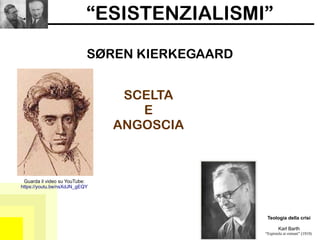 “ESISTENZIALISMI”
SØREN KIERKEGAARD
Guarda il video su YouTube:
https://youtu.be/nsXdJN_gEQY
Teologia della crisi
Karl Barth
“Espistola ai romani” (1919)
SCELTA
E
ANGOSCIA
 