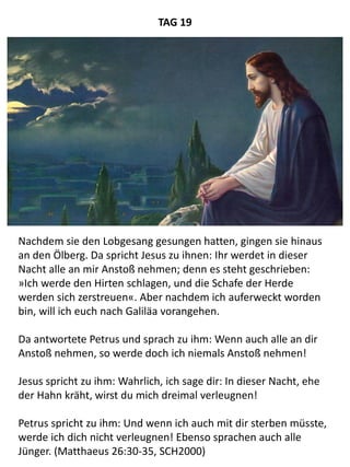 Nachdem sie den Lobgesang gesungen hatten, gingen sie hinaus
an den Ölberg. Da spricht Jesus zu ihnen: Ihr werdet in dieser
Nacht alle an mir Anstoß nehmen; denn es steht geschrieben:
»Ich werde den Hirten schlagen, und die Schafe der Herde
werden sich zerstreuen«. Aber nachdem ich auferweckt worden
bin, will ich euch nach Galiläa vorangehen.
Da antwortete Petrus und sprach zu ihm: Wenn auch alle an dir
Anstoß nehmen, so werde doch ich niemals Anstoß nehmen!
Jesus spricht zu ihm: Wahrlich, ich sage dir: In dieser Nacht, ehe
der Hahn kräht, wirst du mich dreimal verleugnen!
Petrus spricht zu ihm: Und wenn ich auch mit dir sterben müsste,
werde ich dich nicht verleugnen! Ebenso sprachen auch alle
Jünger. (Matthaeus 26:30-35, SCH2000)
TAG 19
 