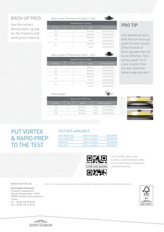 BACK-UP PADS                            Back-up pads TR Attachment (Type 3 - SL3)

                                                                    Speedlok Quick Change
Use the correct                                                                                                                         PRO TIP
density back-up pad
                                          DIA ( mm)                  QTY                 Density              Rubber with Spindle

                                             25                       1                 Medium                 63642556628
for the machine and                         38                        1                 Medium                 63642556629
                                                                                                                                        Use SpeedLok discs
work piece material.                        50
                                                                      1                 Medium                 07660717817
                                                                                                                                        with Norton back-up
                                                                      1                  Hard                  63642586931

                                            75
                                                                      1                 Medium                 63642556631              pads for best results.
                                                                      1                  Hard                  66254401460
                                                                                                                                        Other brands of
                                                                                                                                        back-up pad may not
                                        Back-up pads TS Attachment (Type 2 - SL2)
                                                                                                                                        be as effective. Test
                                                                    Speedlok Quick Change                                               using a pad 1 or 2
                                          DIA (mm)                   QTY                 Density              Rubber with Spindle
                                                                                                                                        sizes smaller than
                                             15                       1                 Medium                 66254401994
                                                                                                                                        the disc diameter
                                             25                       1                 Medium                 07660718963
                                            38                        1                 Medium                 07660707032              (where appropriate).
                                                                      1                 Medium                 63642501157
                                            50
                                                                      1                  Hard                  63642586926
                                                                      1                 Medium                 07660707384
                                            75
                                                                      1                  Hard                  63642586932



                                        Back-up pads

                                                                    Norgrip for Rapid Prep

                                          DIA (mm)          QTY               Density                    Rubber with Spindle

                                            115                 1            Medium                M14         69957382846                      Competitors hook and loop discs
                                            125                 1            Medium                M14         69957382841
                                            178                 1            Medium                M14         69957382844

                                                                                                                                                  Norton hook and loop discs




PUT VORTEX                                        Test Kits Available
                                                  Vortex Rapid Prep	              50mm x 5 grades	                   66623386187

 RAPID PREP                                      Vortex Rapid Prep	
                                                  Rapid Prep	
                                                                                  75mm x 5 grades	
                                                                                  50mm x 5 grades	
                                                                                                                     66623386185
                                                                                                                     66623386188

TO THE TEST                                       Rapid Prep	                     75mm x 5 grades	                   66623386186




                                                                                                                               Use this QR code to view
                                                                                                                               a product demonstration video
                                                                                                                               or visit http://www.loremipsum.
                                                                                        Link not active                        com/dolorsitamet




www.norton.eu                    Norton is a registered trademark and Vortex and Rapid Prep are trademarks of Saint-Gobain Abrasives.

Saint-Gobain Abrasives
European Headquarters
Rue de l’Ambassadeur - B.P.8
F78702 Conflans-Saint-Honorine
France
Tel:	 +33 (0) 134 90 40 00
Fax:	+33 (0) 139 19 89 56
 