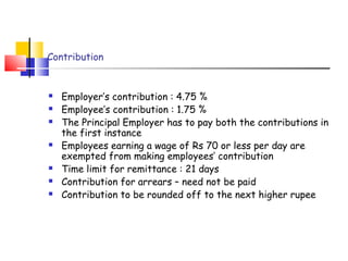 Contribution 
 Employer’s contribution : 4.75 % 
 Employee’s contribution : 1.75 % 
 The Principal Employer has to pay both the contributions in 
the first instance 
 Employees earning a wage of Rs 70 or less per day are 
exempted from making employees’ contribution 
 Time limit for remittance : 21 days 
 Contribution for arrears – need not be paid 
 Contribution to be rounded off to the next higher rupee 
 