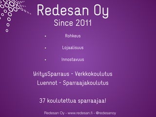 Redesan Oy - www.redesan.ﬁ - @redesanoy
Rohkeus
Lojaalisuus
Innostavuus
Redesan Oy
Since 2011
YritysSparraus - Verkkokoulutus
Luennot - Sparraajakoulutus
37 koulutettua sparraajaa!
 