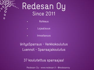 Redesan Oy - www.redesan.ﬁ - @redesanoy
Rohkeus
Lojaalisuus
Innostavuus
Redesan Oy
Since 2011
YritysSparraus - Verkkokoulu...