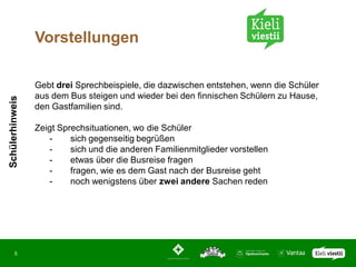 Vorstellungen

                 Gebt drei Sprechbeispiele, die dazwischen entstehen, wenn die Schüler
                 aus dem Bus steigen und wieder bei den finnischen Schülern zu Hause,
Schülerhinweis




                 den Gastfamilien sind.

                 Zeigt Sprechsituationen, wo die Schüler
                    -     sich gegenseitig begrüßen
                    -     sich und die anderen Familienmitglieder vorstellen
                    -     etwas über die Busreise fragen
                    -     fragen, wie es dem Gast nach der Busreise geht
                    -     noch wenigstens über zwei andere Sachen reden




       5
 