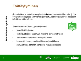 Esittäytyminen

                              Suunnitelkaa ja toteuttakaa ryhmissä kolme keskustelutilannetta, jotka
                              syntyvät siinä ajassa kun vieraat purkautuvat bussista ja ovat päässeet
    Tehtävänanto oppilaille




                              isäntäperheidensä luo.


                              Toteuttakaa keskustelu, jossa oppilaat
                              -   tervehtivät toisiaan
                              -   esittelevät itsensä ja muun mukana olevan kotiväen
                              -   tiedustelevat bussimatkan tapahtumista
                              -   kyselevät vieraan vointia pitkän matkan jälkeen
                              -   puhuvat vielä ainakin kahdesta muusta aiheesta




2
 
