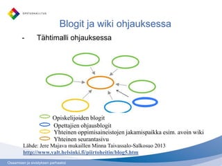 Blogit ja wiki ohjauksessa
        -        Tähtimalli ohjauksessa




                          Opiskelijoiden blogit
                          Opettajien ohjausblogit
                          Yhteinen oppimisaineistojen jakamispaikka esim. avoin wiki
                          Yhteinen seurantasivu
         Lähde: Jere Majava mukaillen Minna Taivassalo-Salkosuo 2013
         http://www.valt.helsinki.fi/piirtoheitin/blog5.htm
Osaamisen ja sivistyksen parhaaksi
 