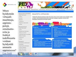 Miten
hyödynnän
virtuaali-
maailmoja,
oppimis-
pelejä,
simulaatto-
reita ja
lisättyä
todellisuutta
voidaan
hyödyntää
ammatin
oppimisessa?
Lue lisää
Osaamisen ja sivistyksen parhaaksi
 