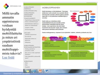 Millä tavalla
ammatin
oppimisessa
voidaan
hyödyntää
mobiililaitteita
ja miten eri
ympäristöistä
saadaan
mobiilioppi-
mista tukevia?
Lue lisää



Osaamisen ja sivistyksen parhaaksi
 